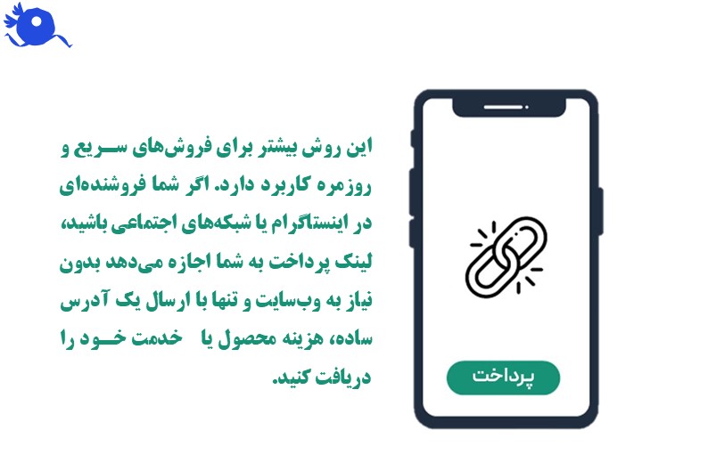 این روش بیشتر برای فروش‌های سریع و روزمره کاربرد دارد. اگر شما فروشنده‌ای در اینستاگرام یا شبکه‌های اجتماعی باشید، لینک پرداخت به شما اجازه می‌دهد بدون نیاز به وب‌سایت و تنها با ارسال یک آدرس ساده، هزینه محصول یا خدمت خود را دریافت کنید. 